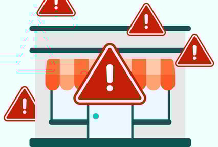 An illustrated graphic with a storefront and red warning signs