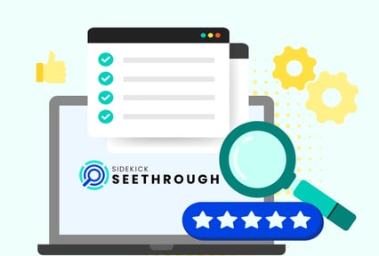 An illustrated graphic of a laptop and magnifying glass with the Sidekick SeeThrough logo