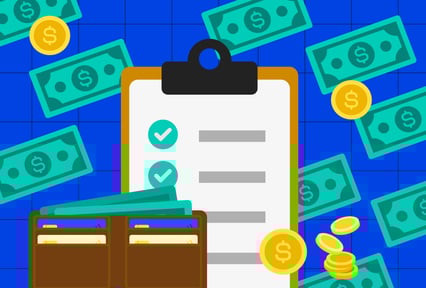 Illustration of a checklist on a clipboard surrounded by dollar bills, coins, and an open wallet, symbolizing financial planning and money management.
