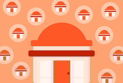 Illustration of a large storefront with an orange dome roof, surrounded by multiple smaller identical storefront icons on an orange background.
