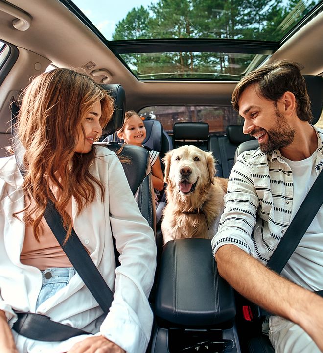 family and dog inside car ready for a road trip