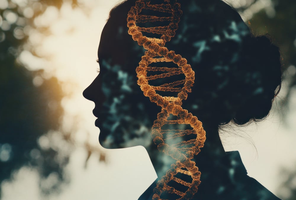 A woman's silhouette with DNA imagery