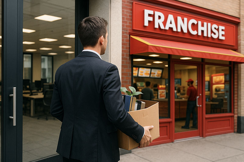 A man in a business suit carrying a box of office belongings walks away from a corporate office building toward a brightly lit franchise storefront with a red ‘FRANCHISE’ sign.