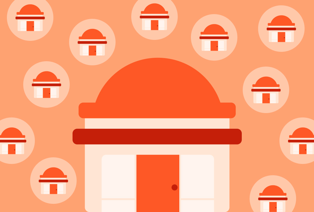 Illustration of a large storefront with an orange dome roof, surrounded by multiple smaller identical storefront icons on an orange background.
